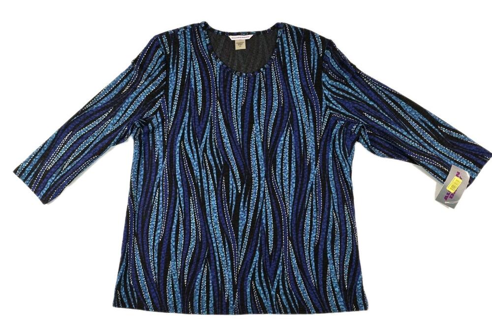 Allison Daley Missy Abstract 3/4 Sleeve Blue Black Aqua Pullover Top Size Large